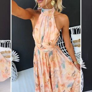 Orange and Pink Halter Maxi Sundress with Cutout
